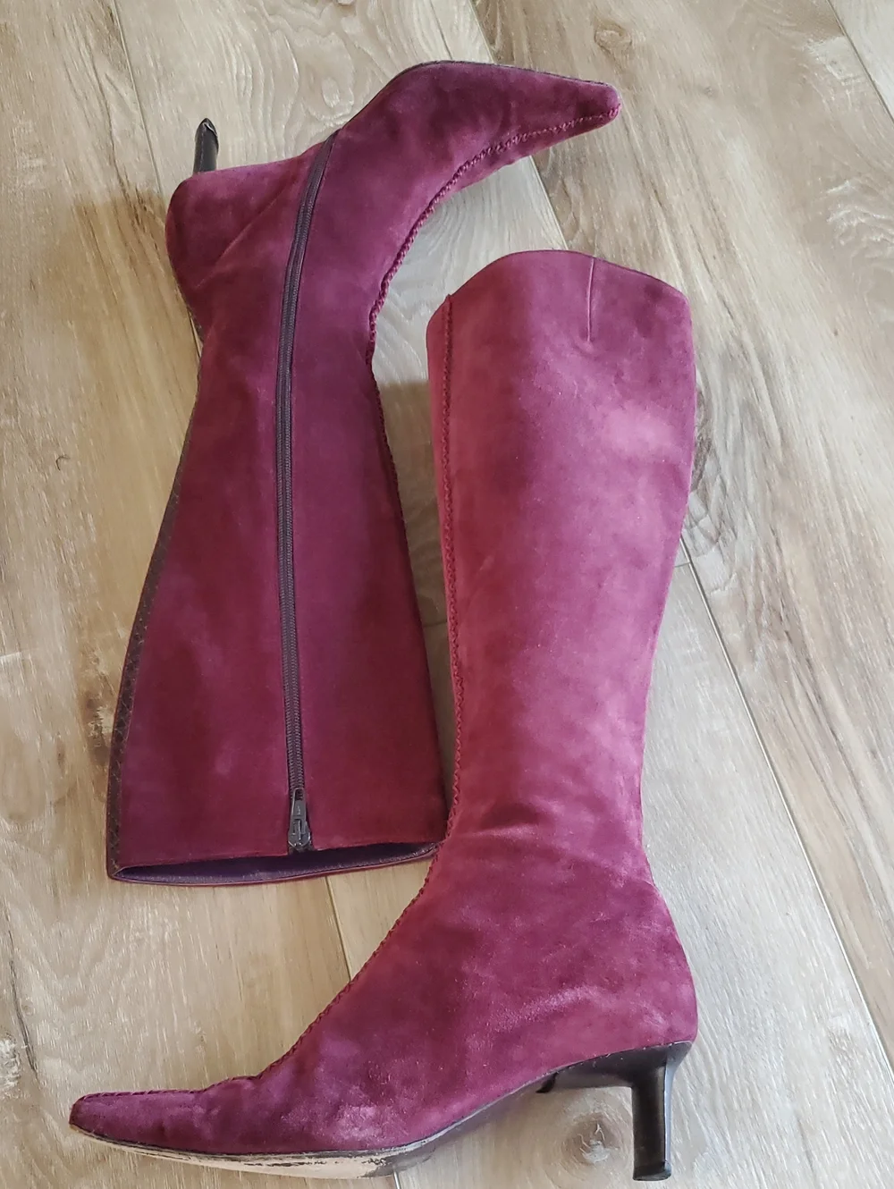 Barbara Bui Burgundy Suede Over-the-Knee Pointed Boots Snakeskin Trim